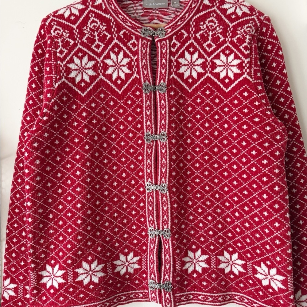 Croft & Barrow Nordic Fair Isle Cardigan Red White Snowflake Sweater 90s Y2K M - Picture 7 of 14